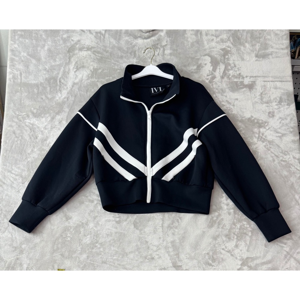 IVL Collective Womens Black White Striped Full Zip Mock Neck Jacket Large 1775